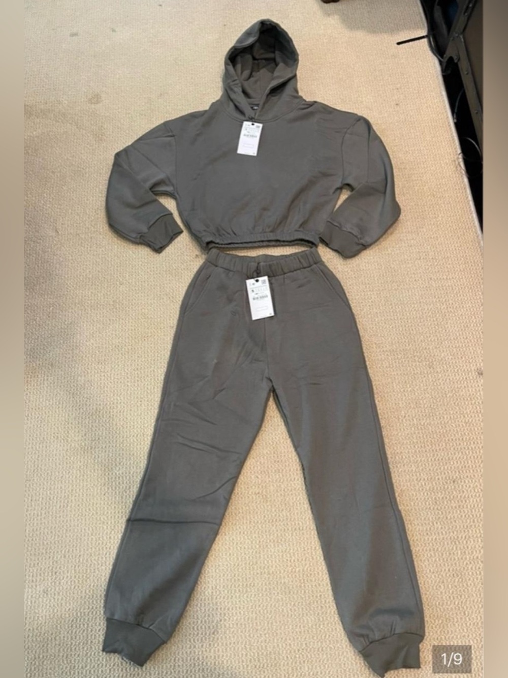 Zara Olive Green Cropped Hoodie & Joggers Set Size S